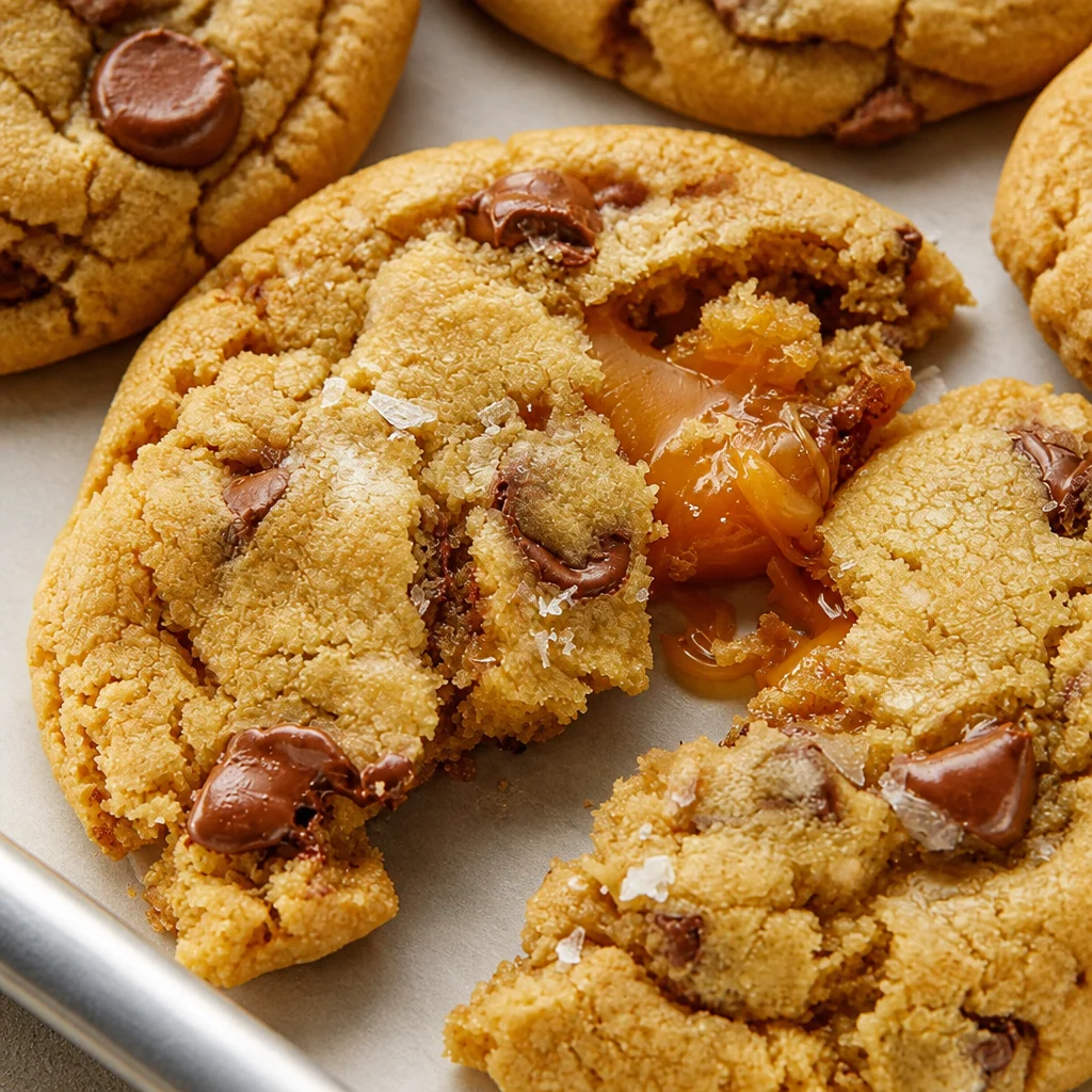 Chewy Salted Caramel Cookies with a sprinkle of flaky sea salt on top.