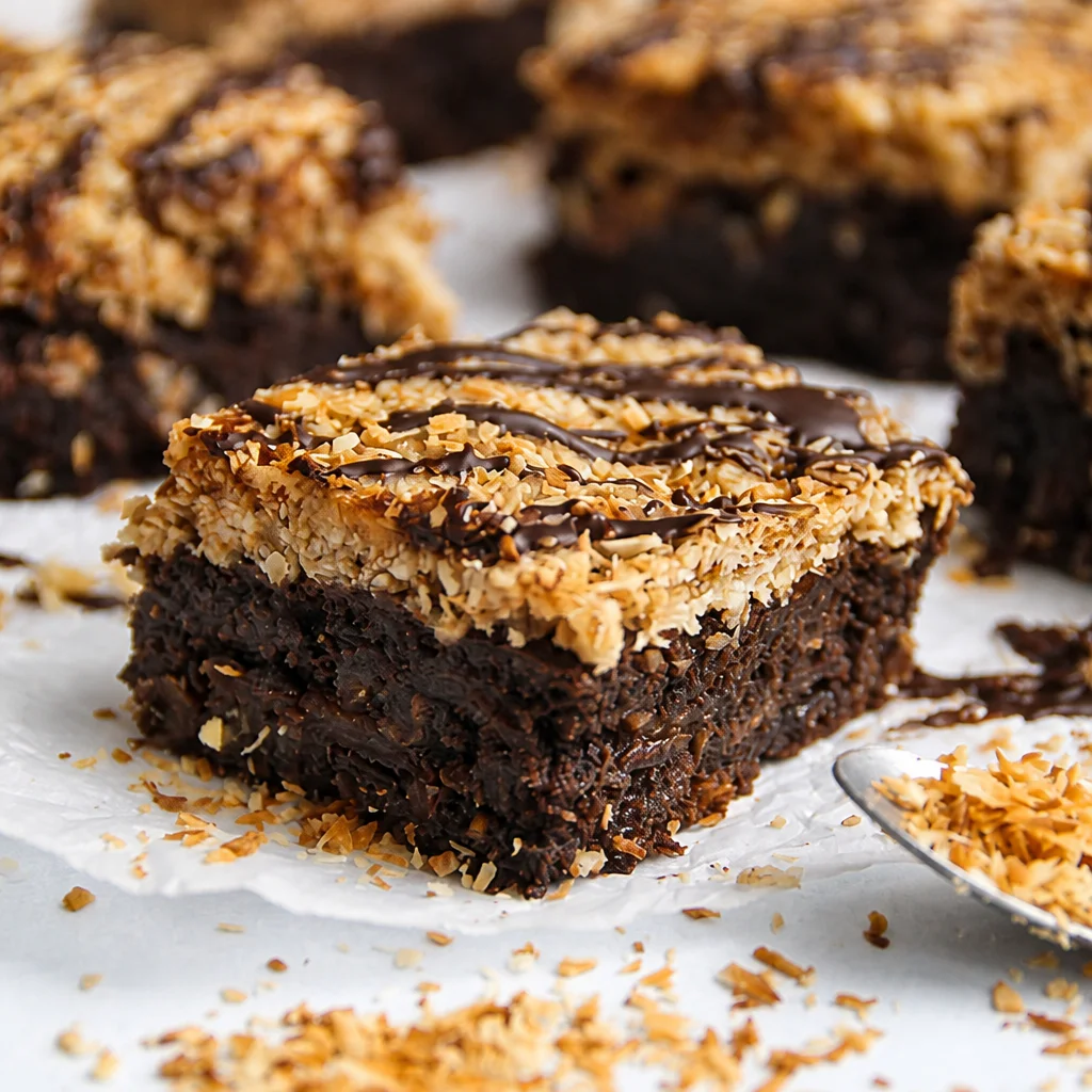 Chewy Samoa brownies topped with coconut caramel and dark chocolate drizzle.