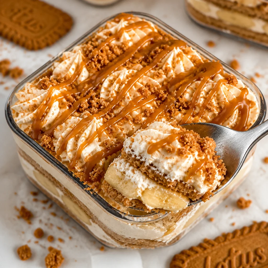 Delicious Biscoff Banana Pudding served in a clear glass dish, topped with whipped cream.