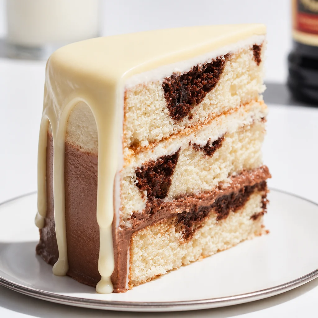 Delicious White Russian Poke Cake topped with whipped cream and Kahlua drizzle