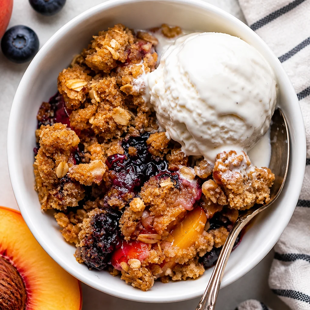 Delicious Blueberry Peach Crumble with juicy peaches and blueberries topped with a buttery oat crust.