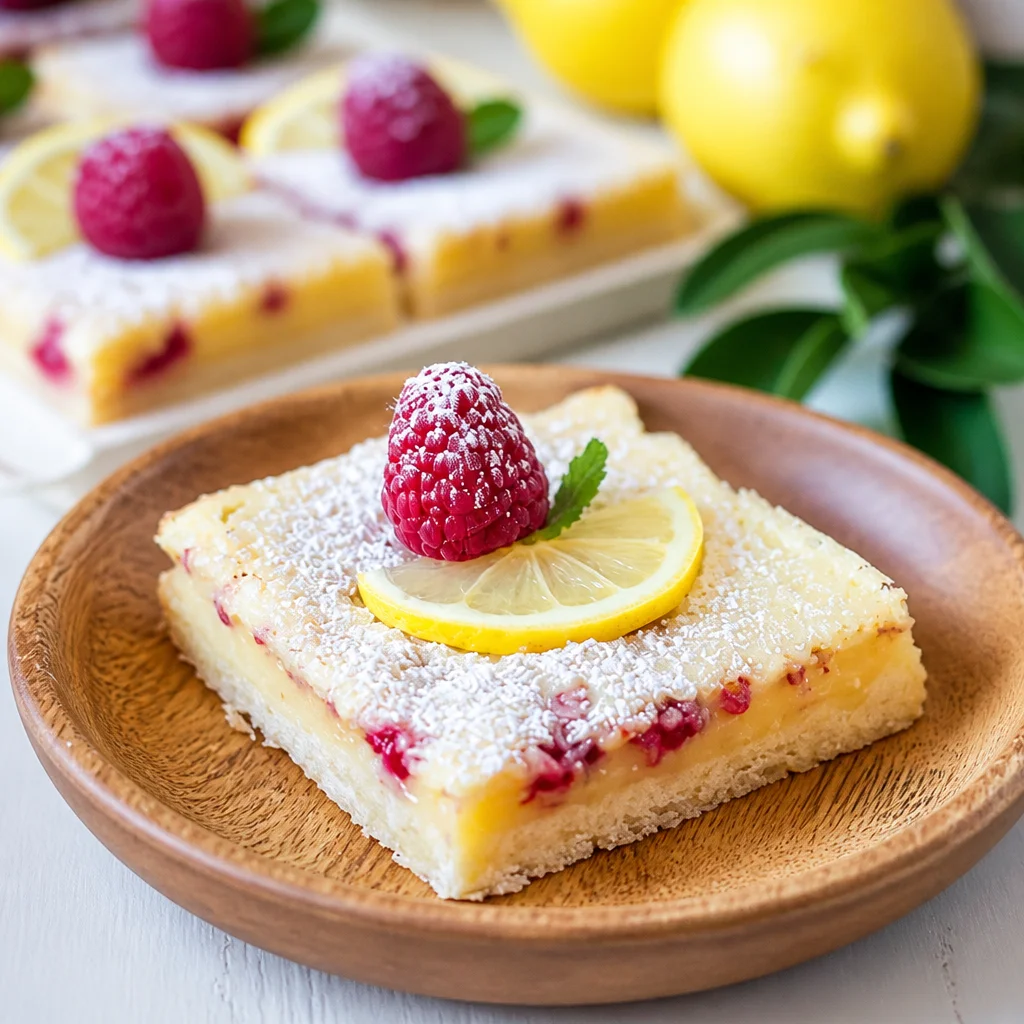 Lemon Raspberry Bars with buttery crust and creamy filling topped with fresh raspberries.