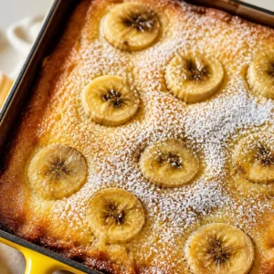 Delicious Banana Cream Cheese Cobbler topped with fresh banana slices, served on a white plate.