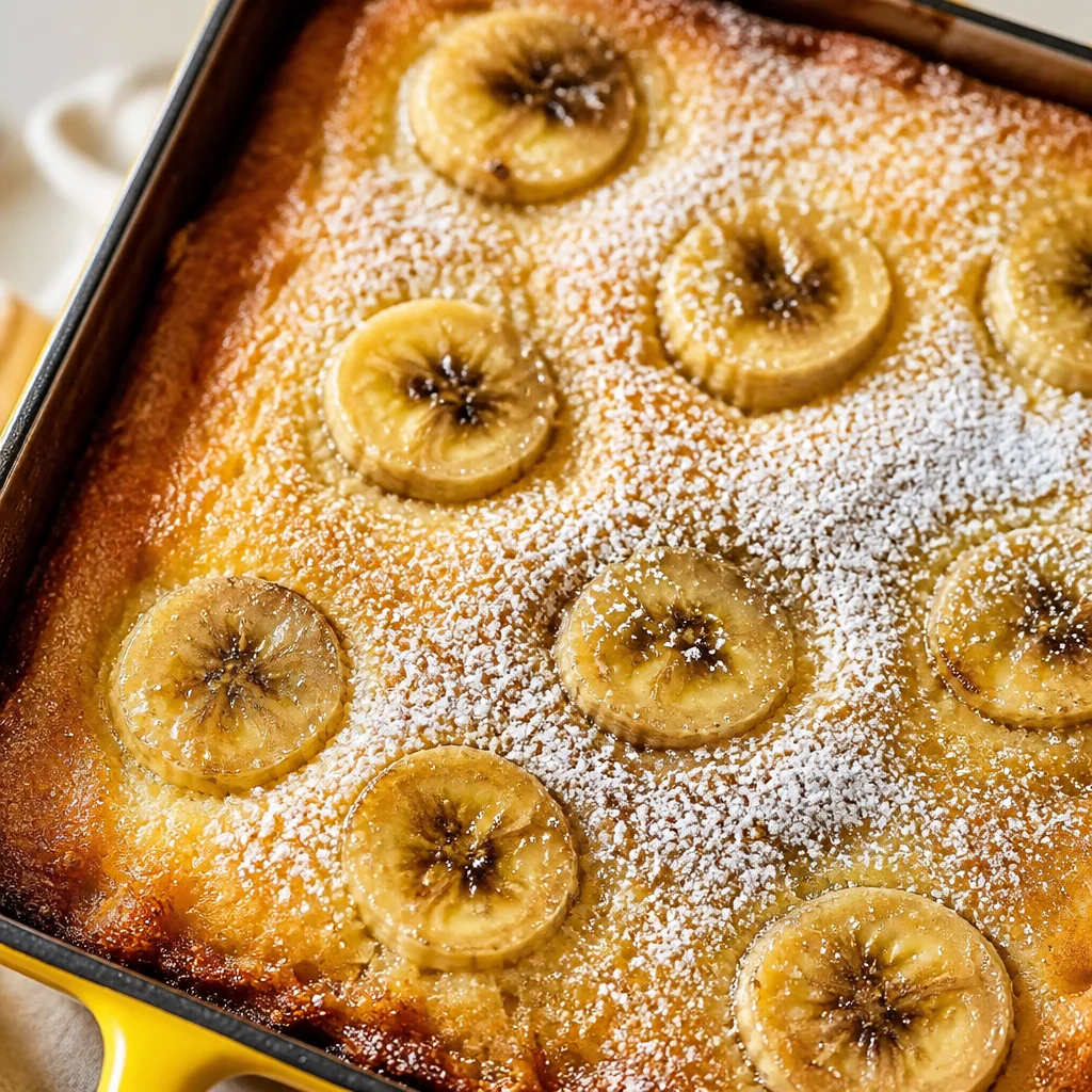 Delicious Banana Cream Cheese Cobbler topped with fresh banana slices, served on a white plate.
