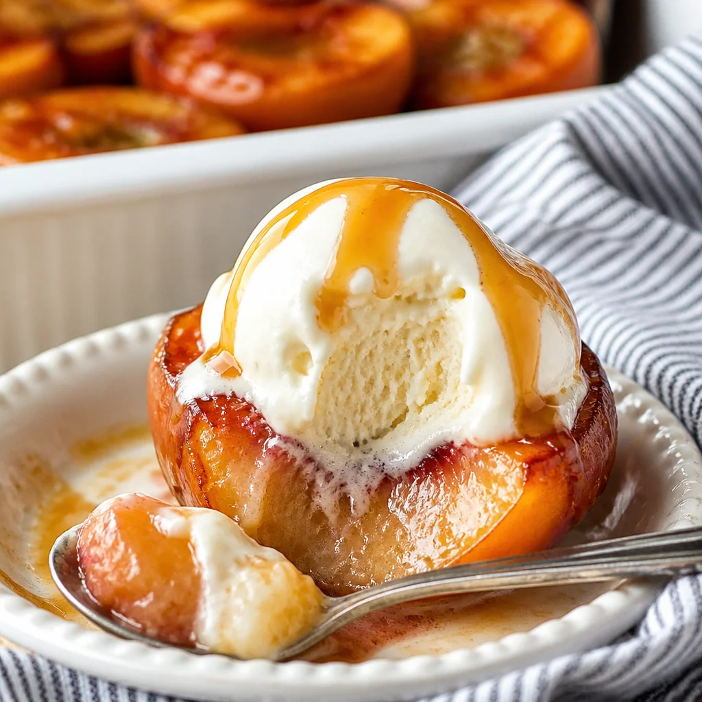 Warm cinnamon sugar baked peaches with brown sugar and ice cream on top.