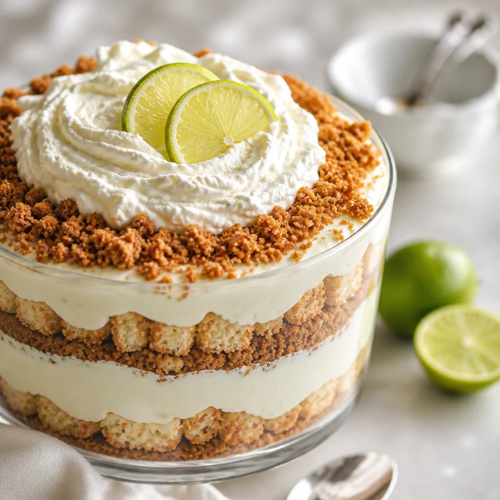 Delicious Key Lime Pie Trifle with layers of key lime cream, cake, and graham cracker crumble.