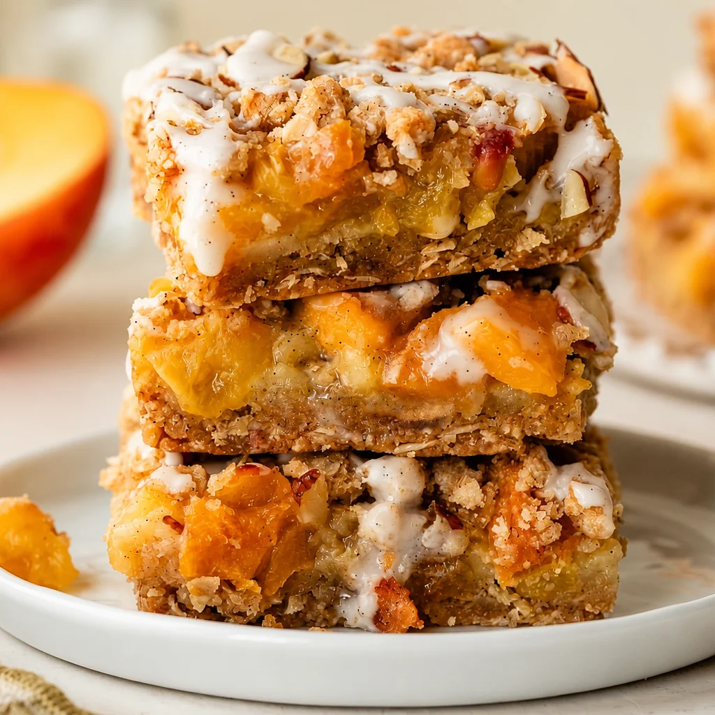 Freshly baked Peach Crumb Bars with crumb topping and peach filling on a plate.