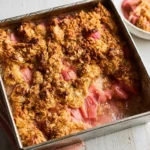 Delicious Easy Rhubarb Crisp topped with a crunchy oat layer, perfect spring dessert.