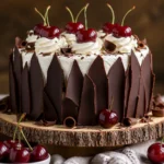 Slice of Black Forest Cake with chocolate layers, cherries, and whipped cream frosting.