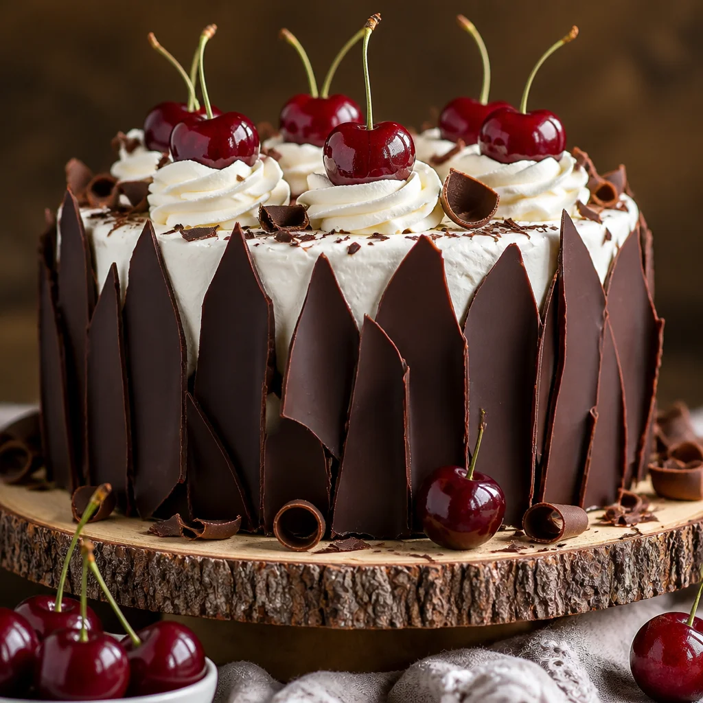 Slice of Black Forest Cake with chocolate layers, cherries, and whipped cream frosting.