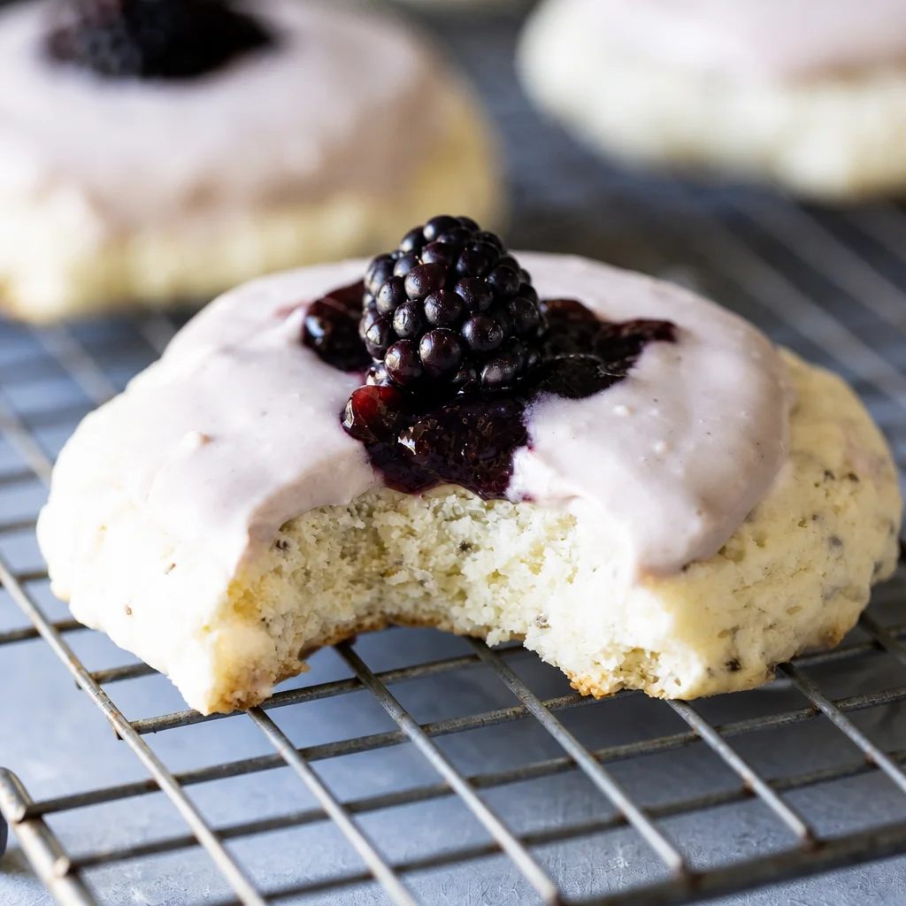 Plate of soft and chewy Lemon Blackberry Cookies with creamy blackberry frosting