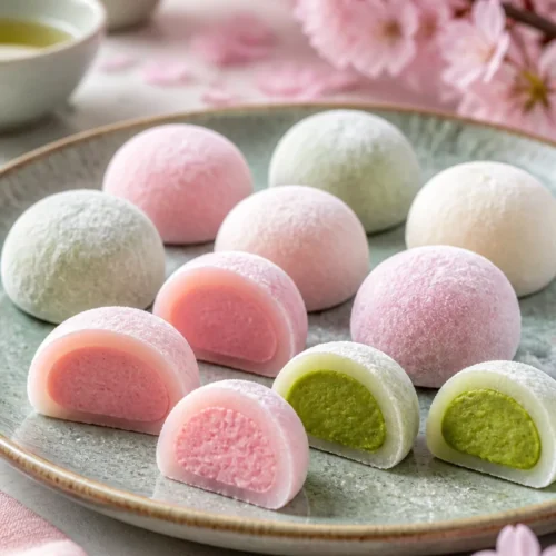 Mochi ice cream recipe showing soft chewy rice dough wrapped around creamy ice cream filling on a wooden board with matcha powder