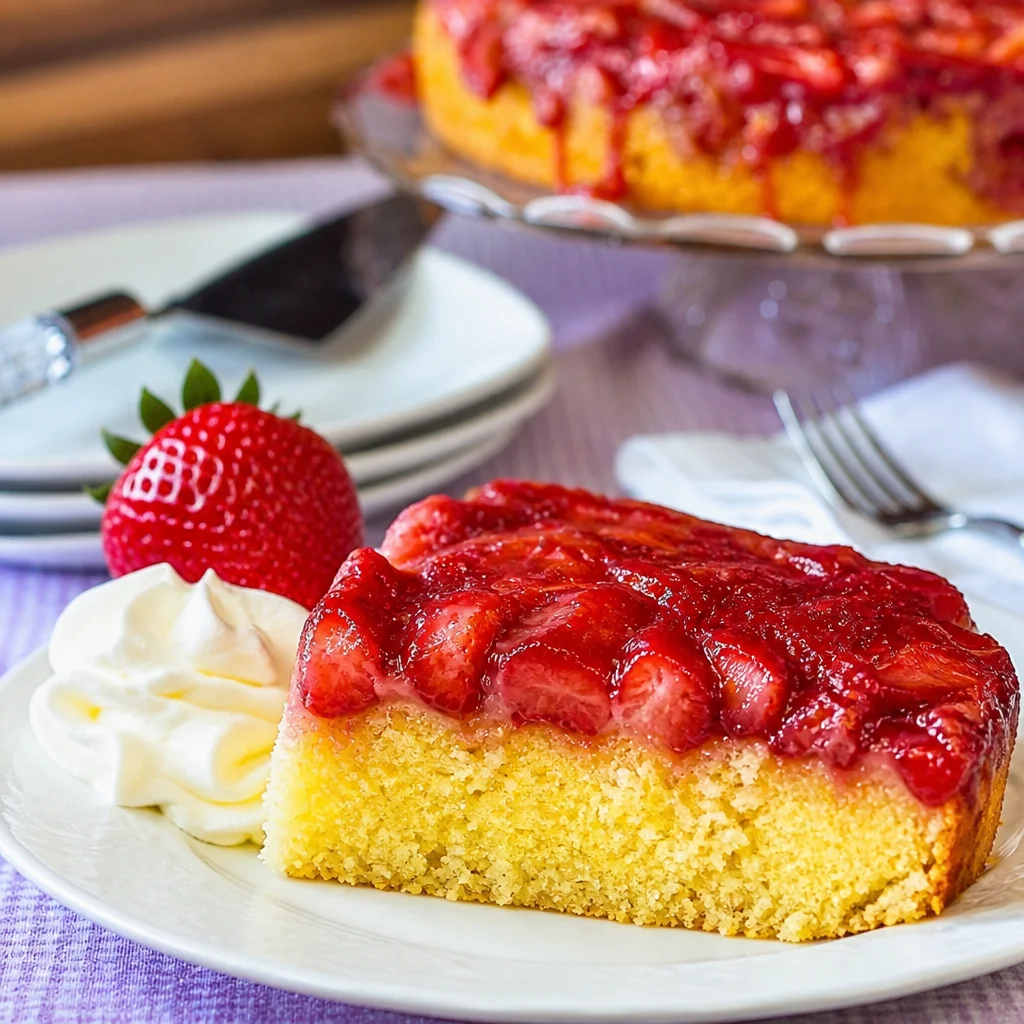 Delicious Strawberry Upside Down Cake topped with fresh strawberries.