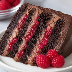 Decadent Dark Chocolate Raspberry Mousse Cake topped with fresh raspberries.