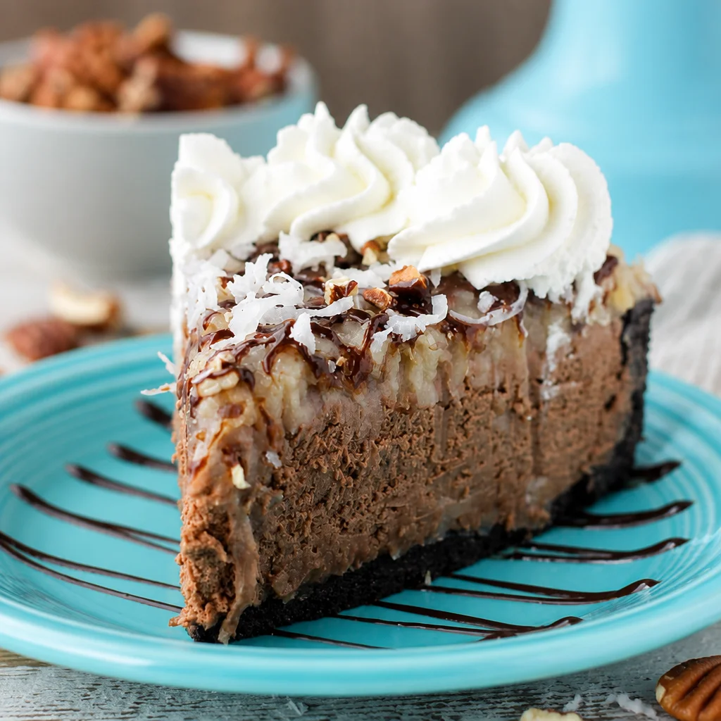 Delicious no-bake German Chocolate Cheesecake with Oreo crust and coconut pecan topping.