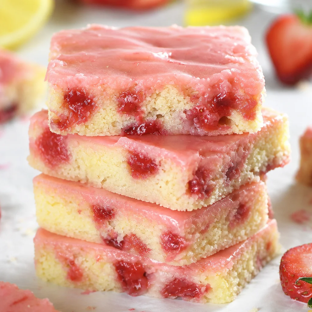 Delicious Strawberry Lemon Blondies summer dessert with fresh strawberries and lemon glaze