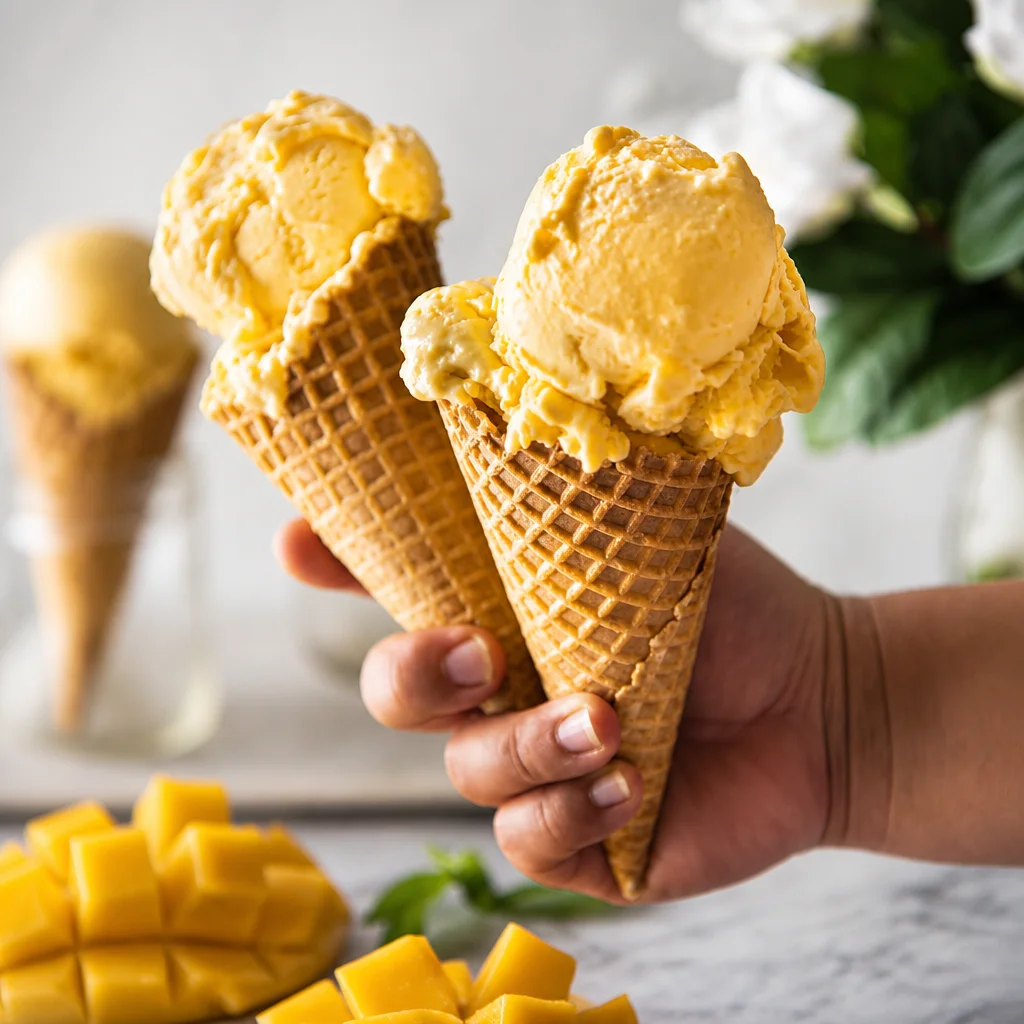 Delicious homemade Mango Ice Cream made with fresh mangoes and cream.