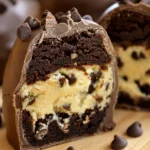 Delicious Chocolate Chip Cookie Dough Brownie Bites stacked on a plate.
