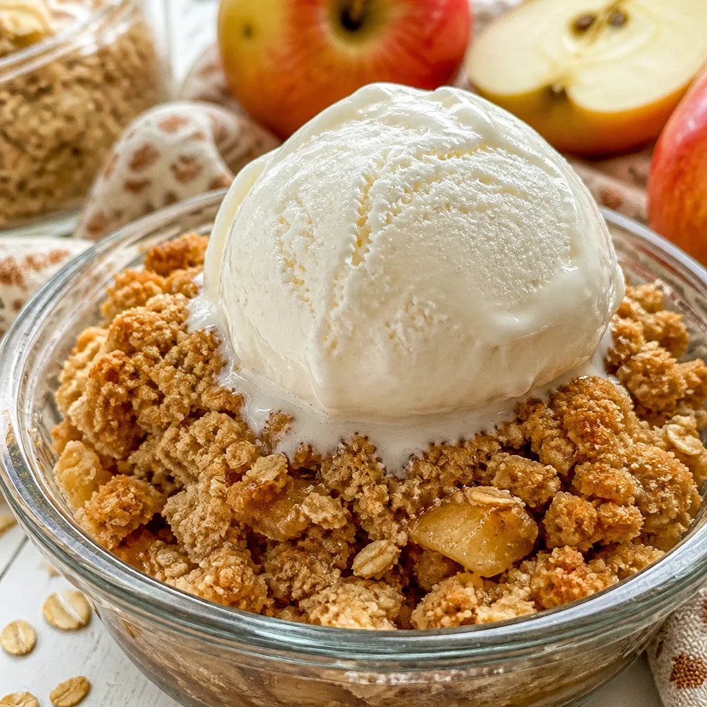 Healthy High Protein Apple Crisp topped with oat crumble and served with vanilla ice cream.