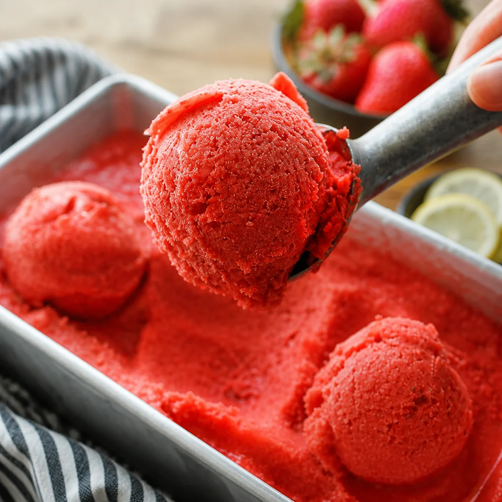 Delicious homemade Strawberry Sorbet made with fresh strawberries and sugar