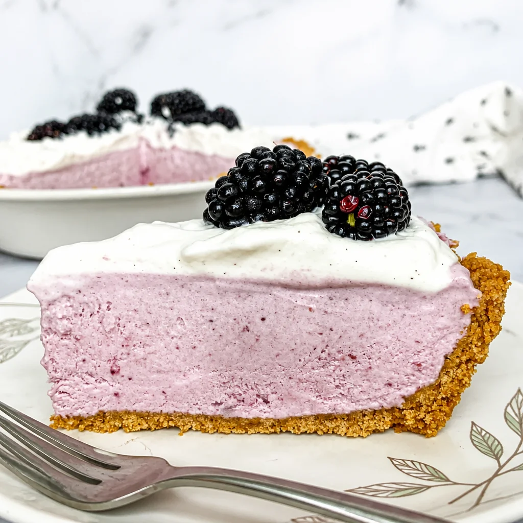 No Bake Blackberry Cream Pie with graham cracker crust and whipped cream topping