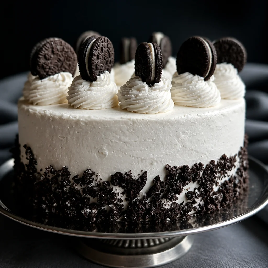 Delicious show-stopping Oreo cheesecake topped with crushed Oreos and creamy filling.