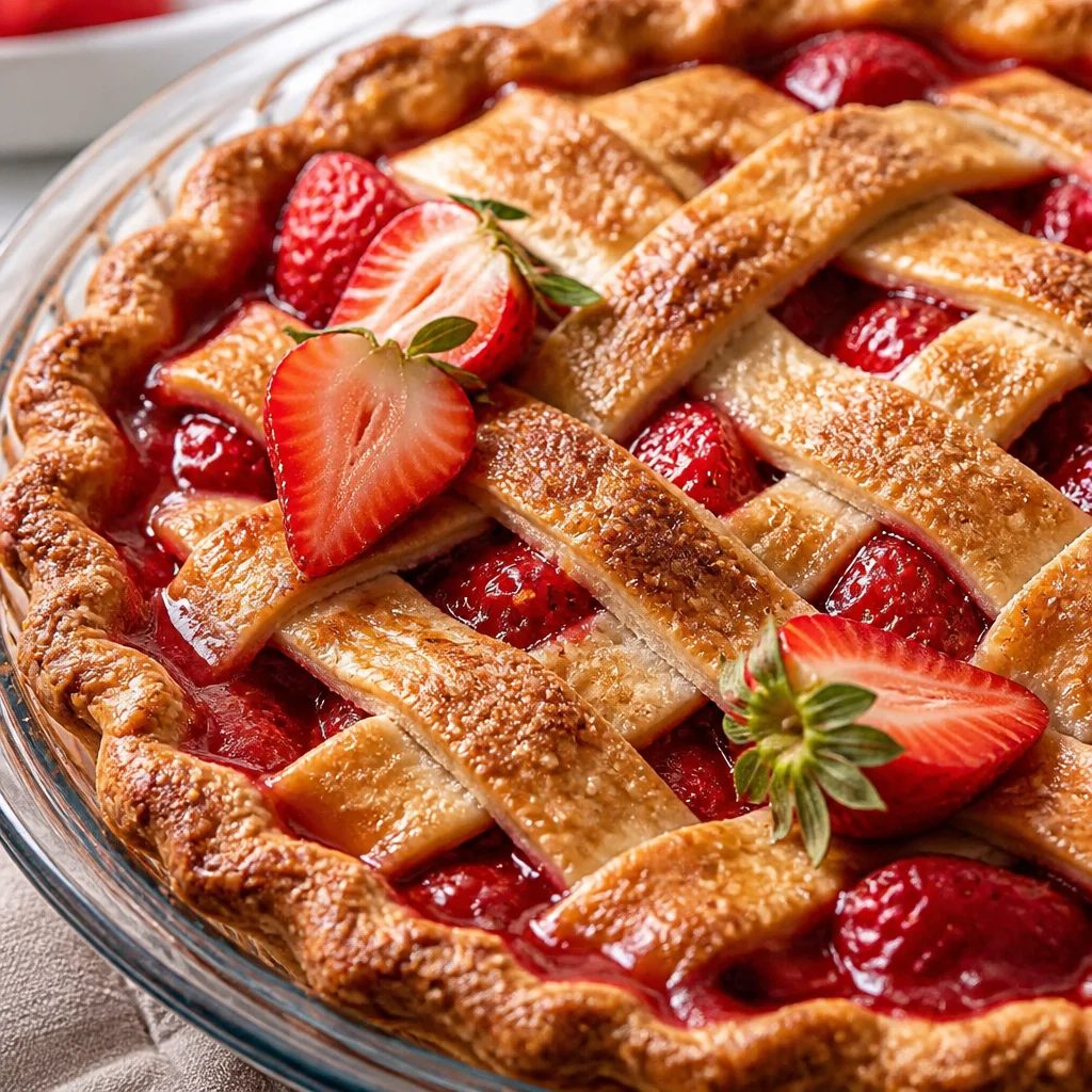 Slice of Brown Butter Strawberry Peach Pie with fresh fruit filling and a flaky crust