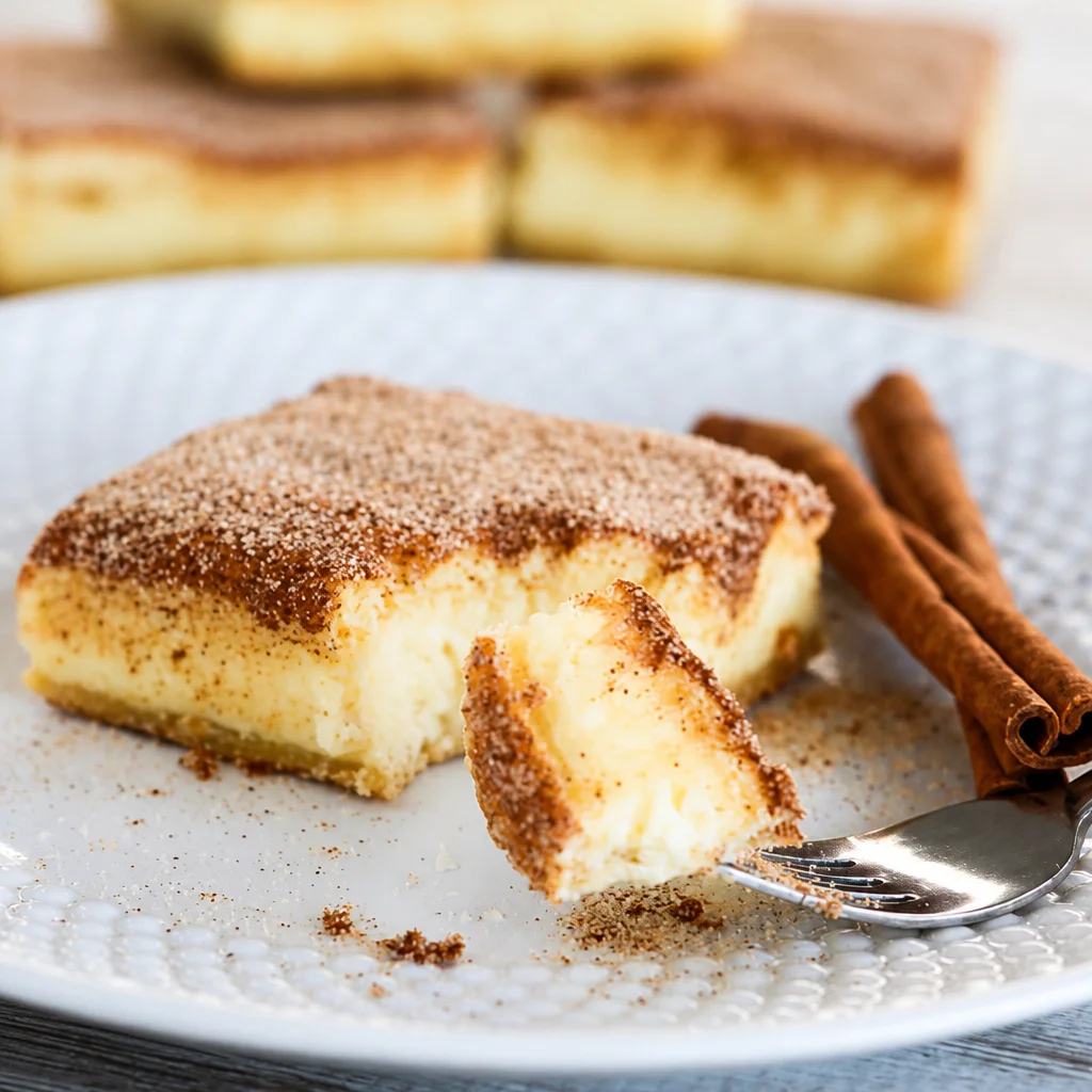 Mexican Churro Cheesecake Bars with flaky crust and creamy filling topped with cinnamon sugar.