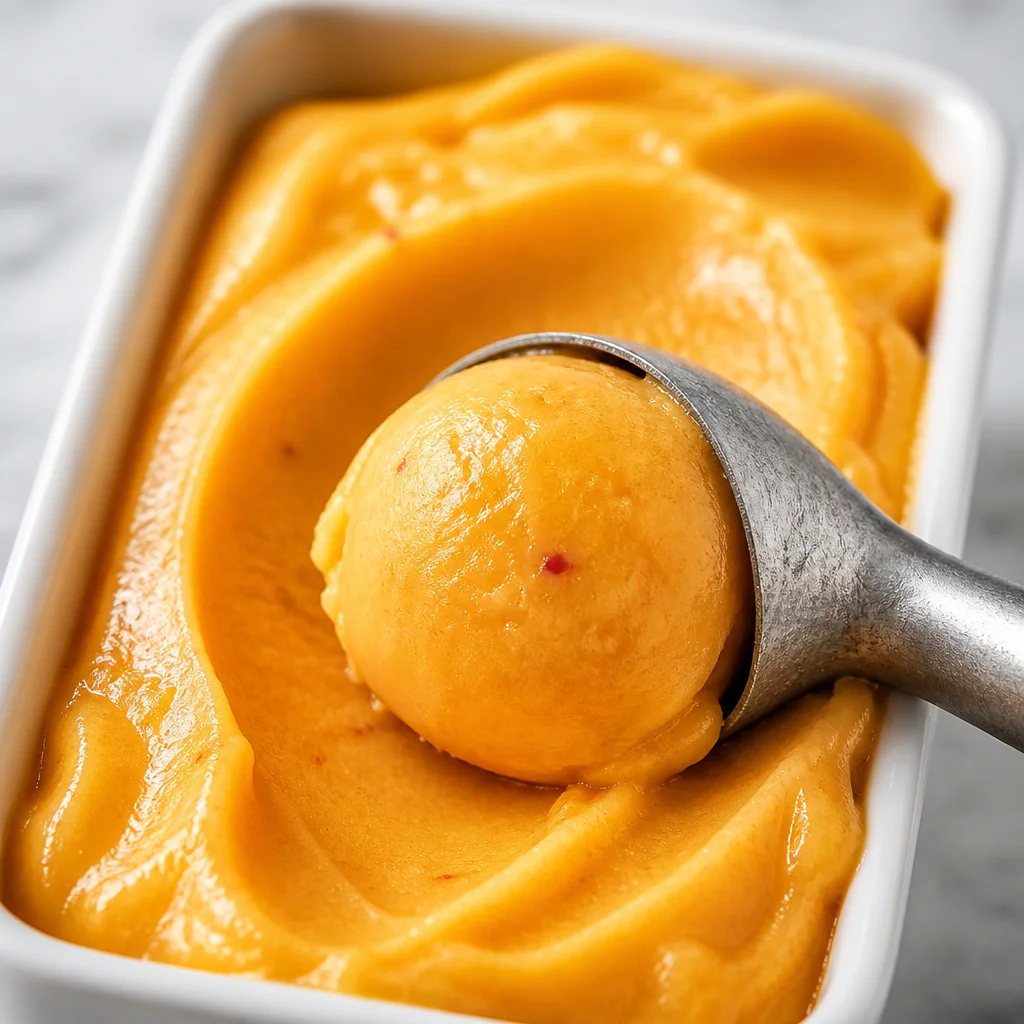 Bowl of Perfect Peach Sorbet made with juicy fresh peaches and simple ingredients.