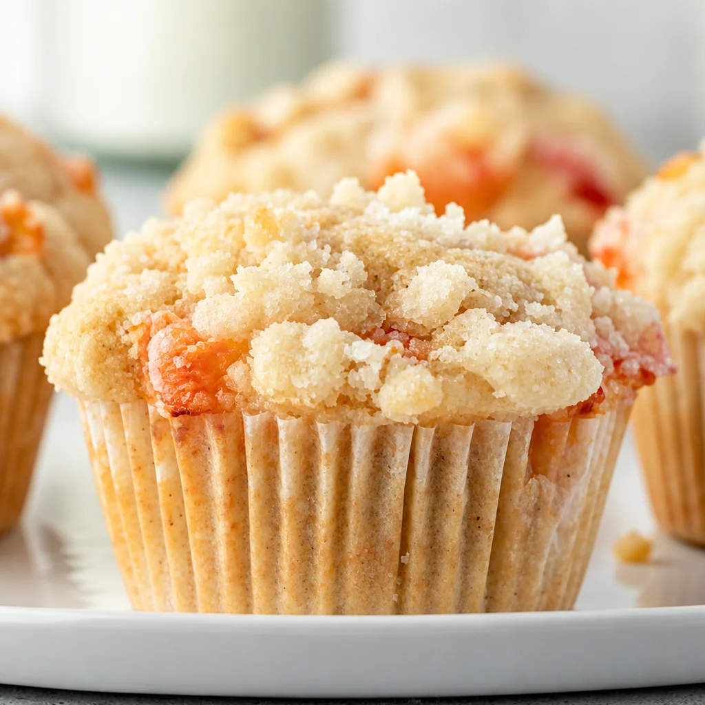 Delicious peach cobbler muffins topped with crumbly streusel and juicy peach filling.